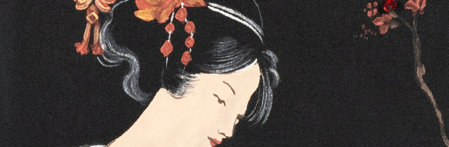 Traditional Japanese illustration of a woman in a floral kimono with cherry blossoms.